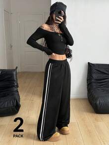 Coolane 女士秋季演唱会服装 狂欢装 节日外出俱乐部服装 Y2K 黑色露肩紧身胸衣 T 恤和阔腿运动裤 2 件/两件 - 黑色 - 查看 3