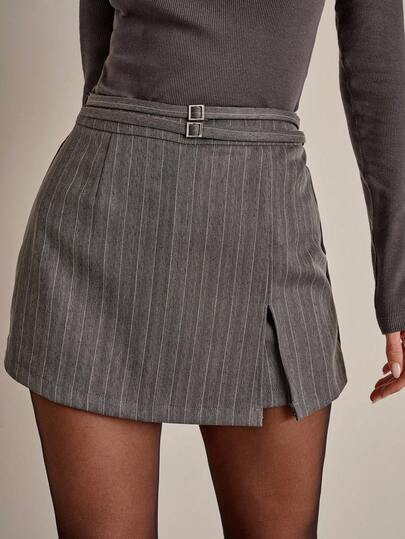 COSMINA 女式腰带扣设计侧开衩条纹短裙裤