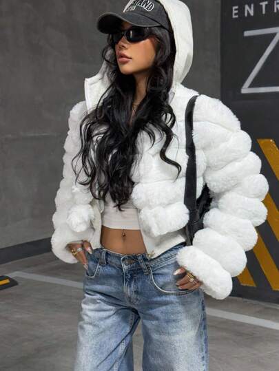 Muchica Women's Solid Color Long Sleeve Zipper Collar Faux Fur Hooded Jacket, Autumn/Winter