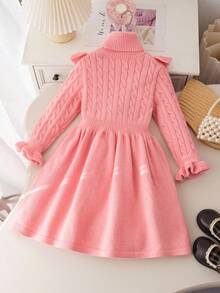 Sparklyn Young Girls Elegant High Neck Knitted Sweater Dress With Ruffle Hem And Twist Rope, Long Sleeve Casual Chic Cute Soft Simple Versatile Princess Dress, Suitable For Home, Daily Wear, School, Outing, Party, Autumn/Winter Fall - Pink - View 2