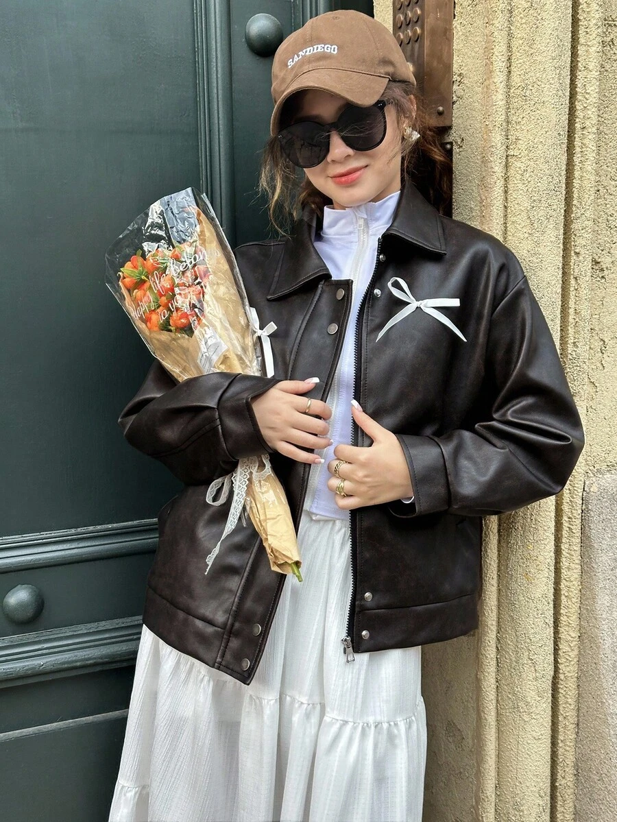 Teen Girls Casual Short Collar Color Block Commuter Jacket, Versatile - Coffee Brown - View 1