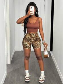 SHEIN Slayr Leopard Print Wideband Waist Sports Shorts Biker Shorts - Multicolor - View 5