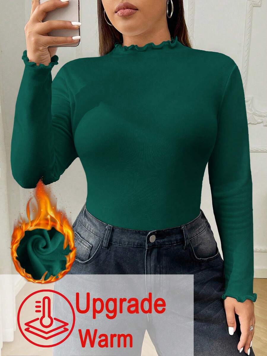 SHEIN EZwear 加大码女式加厚保暖立领长袖紧身T恤,秋冬保暖款 - 墨綠色 - 查看 1