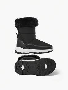 JNSQ 1双儿童/青少年黑色毛绒时尚魔术贴保暖雪地靴，舒适休闲冬季靴，适合日常穿着和运动 - 黑色 - 查看 10