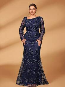 Serin Plus Size Navy Blue Winter Formal Elegant Evening Formal Wedding Guest Dress,Luxurious Asymmetrical Collar Sequin Floral Embroidered Fishtail Gown - Blue - View 3