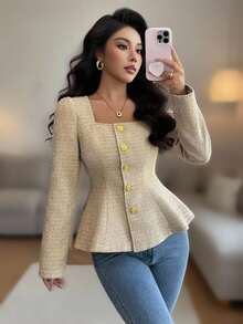 Chiquease New Vintage High-End Slimming Elegant Ruffled Hem Women Jacket, Spring/Autumn - Brown - View 1
