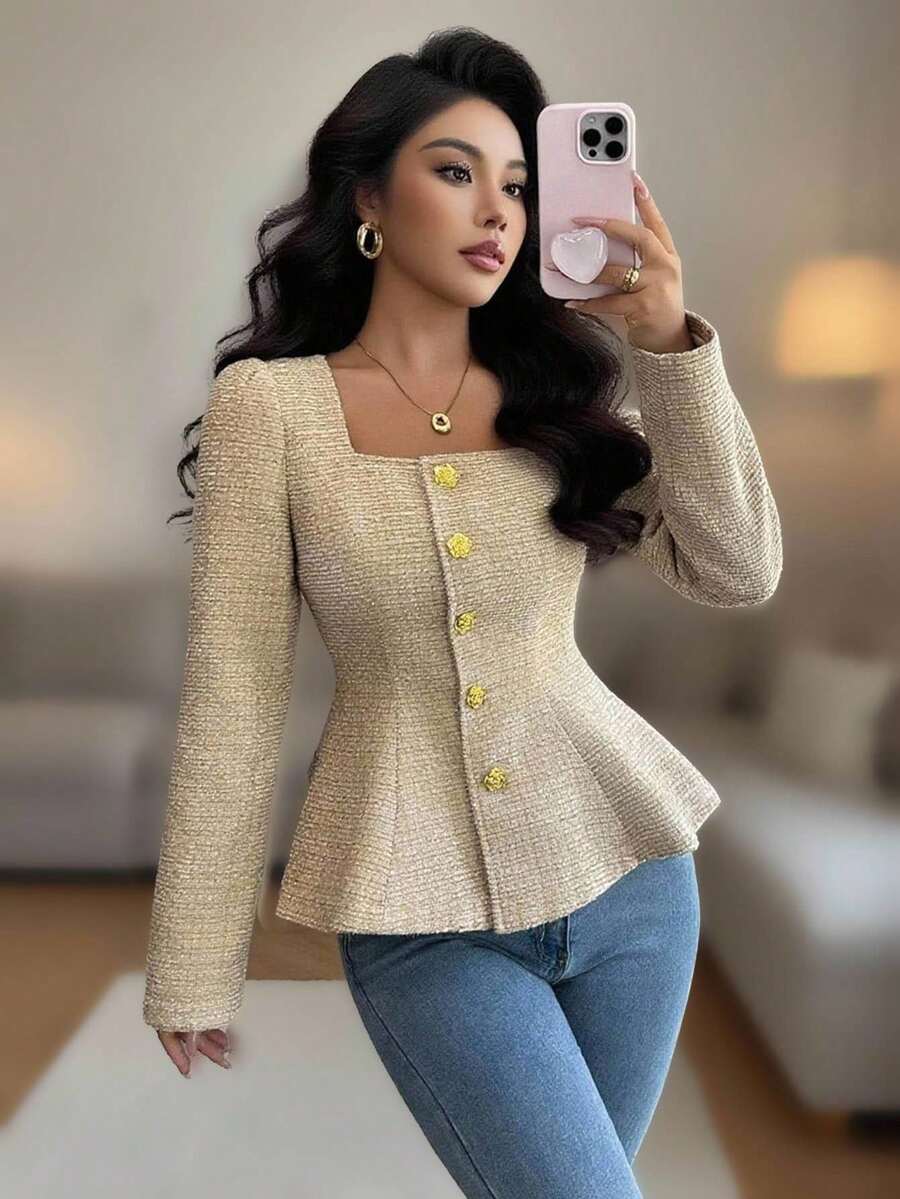 Chiquease New Vintage High-End Slimming Elegant Ruffled Hem Women Jacket, Spring/Autumn - Brown - View 1