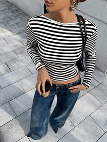 Chiquease Sexy Backless Striped Long Sleeve T-Shirt For Women, With 3D Floral Decor, Slim Fit, Personalized Chic Top, Layering Undershirt Fall Cloth For Women - Black - View 8