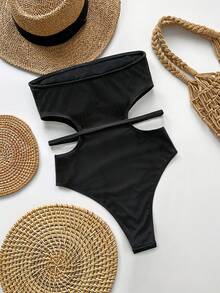 Swim Chiccia Solid Color Cutout Bandeau One-Piece Swimsuit With Metal Starfish Decor, Fashionable Summer - Black - View 2