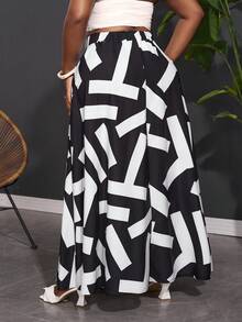 Slaydiva Kích thước lớn Đàn hồi Cao eo Đen & Trắng In hoa Kỳ nghỉ Thời gian rảnh rỗi Thanh lịch Váy midi - C - Đen và trắng - Xem 7