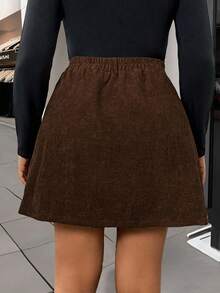 Easura Plus Size Corduroy A-Line Zipper Pocket Decorated Midi Skirt