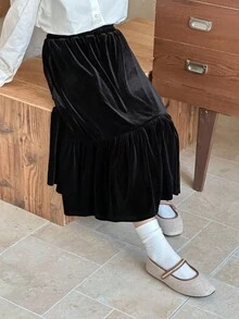 DAZY 青少年女孩韩版天鹅绒半身裙 - 黑色 - 查看 6