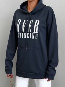 EURMUSE Women's Hooded Sweatshirt With Drawstring And Letter Print - Navy Blue - View 5