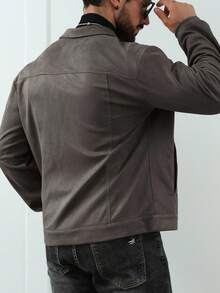 Manfinity Homme 男士秋季仿麂皮单排扣休闲长袖抓绒外套 - 灰色 - 查看 2