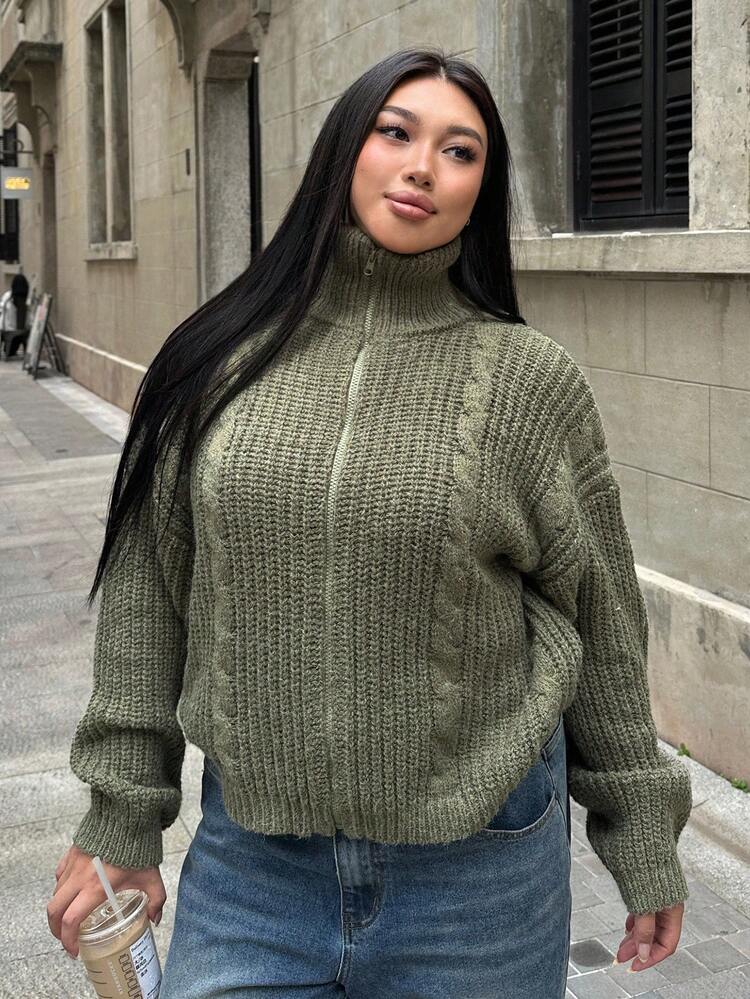 Dazy Plus Plus Size Cable Knit Zip-Up Cardigan Sweater, Casual Street Style, Autumn/Winter, Plus Size