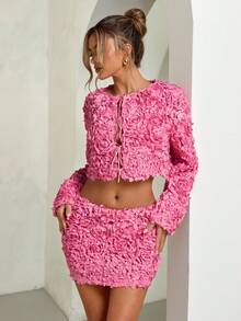 SHEIN BAE 秋冬纯色粉红玫瑰3D花朵装饰女式低腰迷你裙，优雅秋季3D花朵裙 - 粉色 - 查看 4