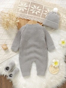 SHEIN 3件套！婴儿毛衣连体衣+新生儿鞋+可爱帽子，简约休闲风格，轻松打造别致的婴儿装，方便又轻松 - 灰色 - 查看 2