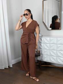 Melissa Matos 女士优雅裹身蝙蝠袖衬衫和宽松阔腿裤两件套，杏色编织，适合夏季外出、约会、度假 - 咖啡棕 - 查看 6