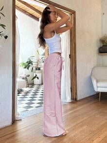 EURMUSE 女式条纹抽绳休闲亚麻裤 - 粉色 - 查看 5