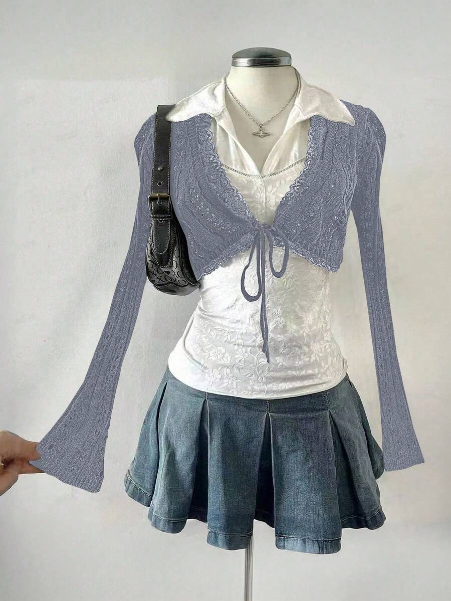 Celisse 女式秋季撞色蕾丝长袖系带短款开衫 - 淺灰紫 - 查看 1