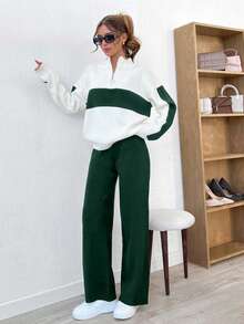 Women Half Zip Black Stripes Detailed Sweater And Sweater Pant 2 Pieces Set Co-Ords - Dark Green - View 5