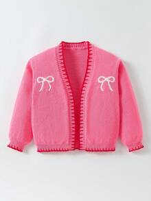 1 件女士蝴蝶结针织开衫，粉色罗纹饰边，常规厚度，适合约会和各种场合，春/秋/冬 - 粉色 - 查看 8