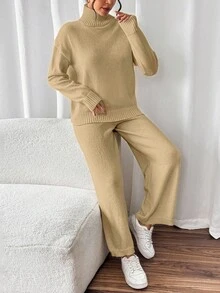 Chiquease Bộ 2 món áo len cổ đứng màu trơn thường ngày và quần dệt kim, mùa thu/đông - Màu Khaki - Xem 3