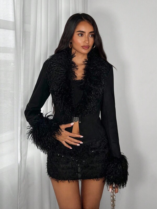 SHEIN TRNDY 1 pieza Chaqueta casual de calle alta de ante sintético negro con cuello de solapa, hebilla metálica en forma de corazón en la cintura, adecuada para uso casual, ir al trabajo, fiestas, Año Nuevo, para mujer