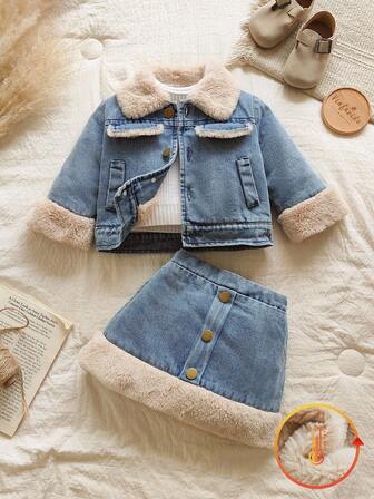 Vintaside Kids 2 件套女婴经典蓝色牛仔风格领开衫和牛仔裙套装，适合外出、居家拍照和节日派对