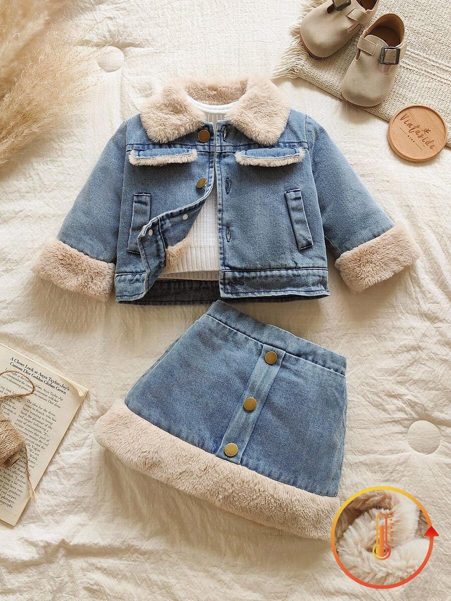 Vintaside Kids 2 件套女婴经典蓝色牛仔风格领开衫和牛仔裙套装，适合外出、居家拍照和节日派对