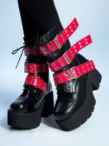 ROMWE Grunge Punk 女式朋克风格厚底粗跟踝靴，哥特式金属红色扣装饰厚底坡跟靴，适合夜店派对穿着舒适 - 黑色 - 查看 3