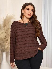 EMERY ROSE Plus Size Women Winter Fall Contry Casual Vacation Round Neck Long Sleeve Top, Autumn/Winter, Brown Long Sleeve Top,Long Sleeve T-Shirt ,Going Out Outfits,2025 New Clothes ,Fall Top,Simple And Fashionable For Everyday Wear,Brown Top ,T-Shirt,Christmas Outfit For Women ,New Year Clothes