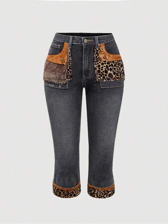 J-Fashion Pantalones capri de mezclilla con parches de piel de leopardo sintética de cintura baja vintage estilo Y2K