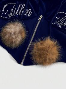 ROMWE J-Fashion 2 件套女式 Y2K 天鹅绒水钻拼布连帽衫上衣和裤子套装 - 藍色 - 查看 6