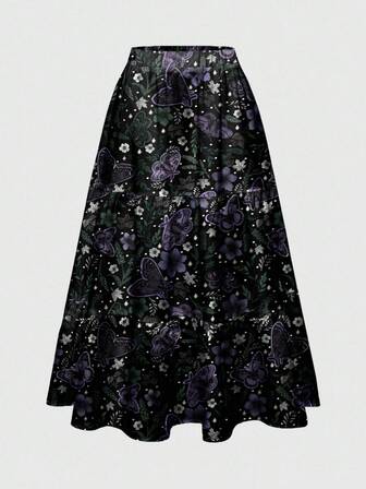 Fairycore Hippie Elegant Floral, Moth, Bat, Sun, Moon, Star, Butterfly Printed Blue, Green, Purple Bohemian Gothic Style Skirt For Women