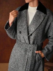 MOTF PREMIUM 羊毛撞色尖领双排扣大衣，秋冬 - 灰色 - 查看 3