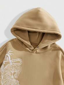 Anime Men Tiger Embroidery Pocket Casual Long Sleeve Hoodie Sweatshirt, Fall - Khaki - View 6