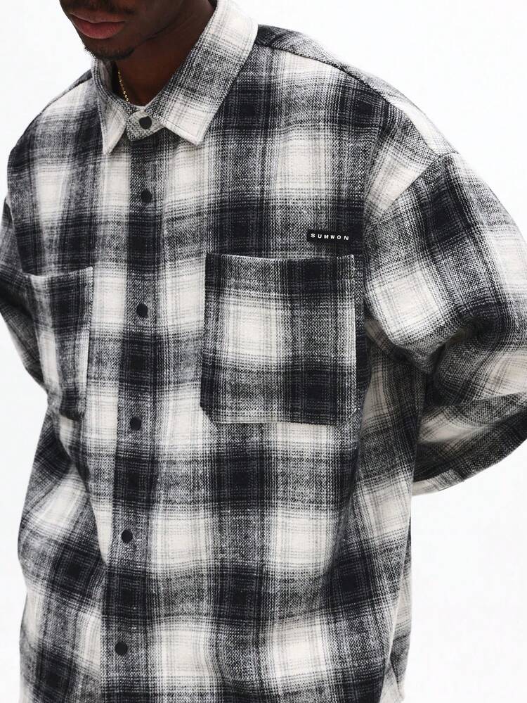 SUMWON Plaid Flannel Button Down Oversized Winter Shacket With Chest Logo Patch Regular Collar Long Sleeve Street Style Casual Outerwear