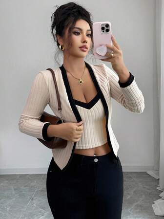 Rafferiza Suéter de punto con cuello en V, manga larga, parches de color contrastante para mujer, para otoño/invierno