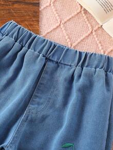 Bộ 2 món/Bộ áo thun dài tay thêu họa tiết quả anh đào dễ thương cho bé gái và quần jeans denim rách, phù hợp mặc thường ngày, đi học, ngày lễ, trở lại trường - Đỏ - Xem 6