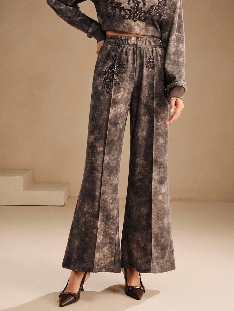 Women's Vintage Distressed Sequin Embroidered Sweatpants, Suitable For Autumn, Fall, Winter, Going Out, Elegant, Formal, Party, Chic, New Year, Christmas, Work