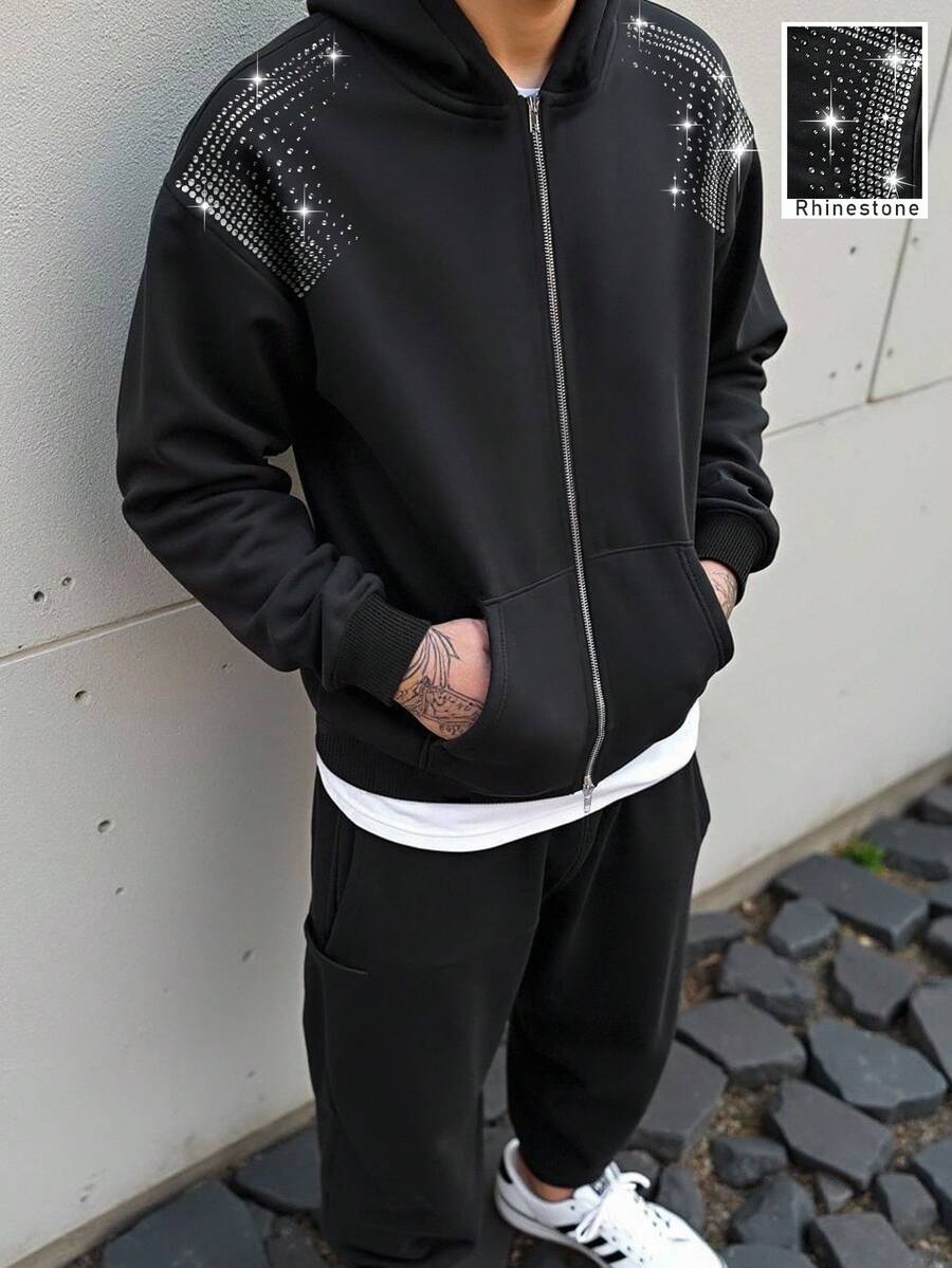 Manfinity Roghcode Men's Letter Embroidery Rhinestone Zip Up Hoodie Sweatshirt, Fall - Black - View 1