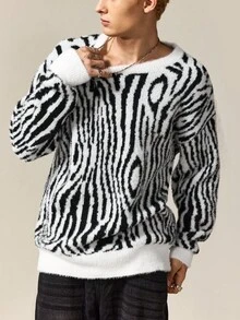 ROMWE MEN Street Life Jersey de cuello redondo casual con estampado de cebra para hombre, otoño/invierno - Blanco y Negro - Ver 4