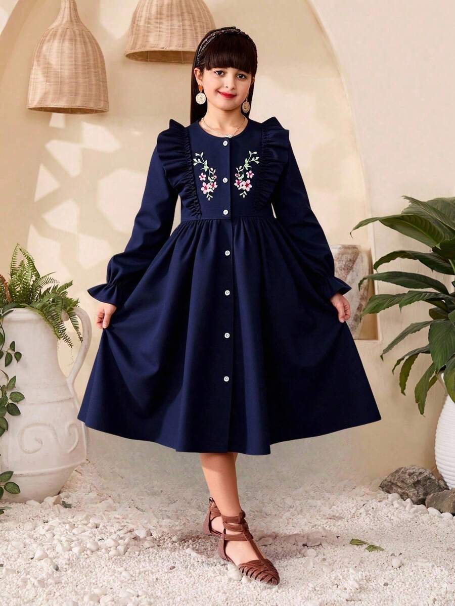 Tween Girls Floral Print Patchwork Ruffle Trim Long Sleeve Casual Dress, Autumn,Holiday Summer Travel - Navy Blue - View 1