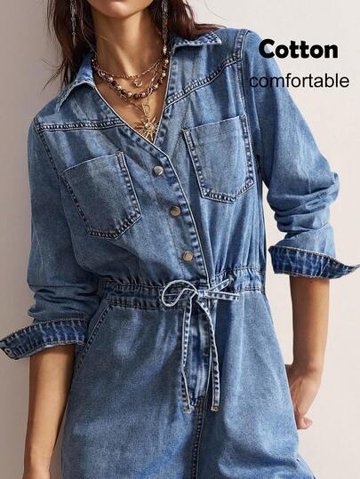 Bohemela Women's Autumn Long Sleeve Button Half-Placket Drawstring Waist Casual Wide Leg Denim Jumpsuit Fall Clothes For Women Chic Women's Jumpsuit Women's Country Jumpsuits Country Concert Outfit Country Outfits For Women Female Country Look