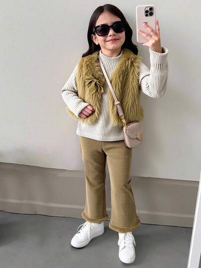 3 件套时尚年轻女孩毛茸茸背心夹克、长袖 T 恤和裤子套装