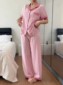 SHEIN Bubble Crinkle Colorblock Short Sleeve & Pants Women Pajama Set - Multicolor - View 4