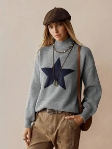 Florisole Jersey de cuello alto con estampado de estrella bohemio - Gris - Ver 5