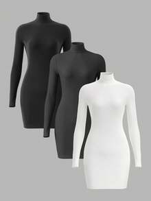 SHEIN BASICS 3件套纯色针织长袖修身高领迷你连衣裙（女款） - 彩色 - 查看 1