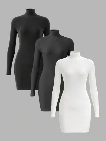 SHEIN BASICS 3件套纯色针织长袖修身高领迷你连衣裙（女款）